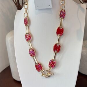 Laura Ford Oval Red w/gold multi color metallic flecks necklace,post earrings